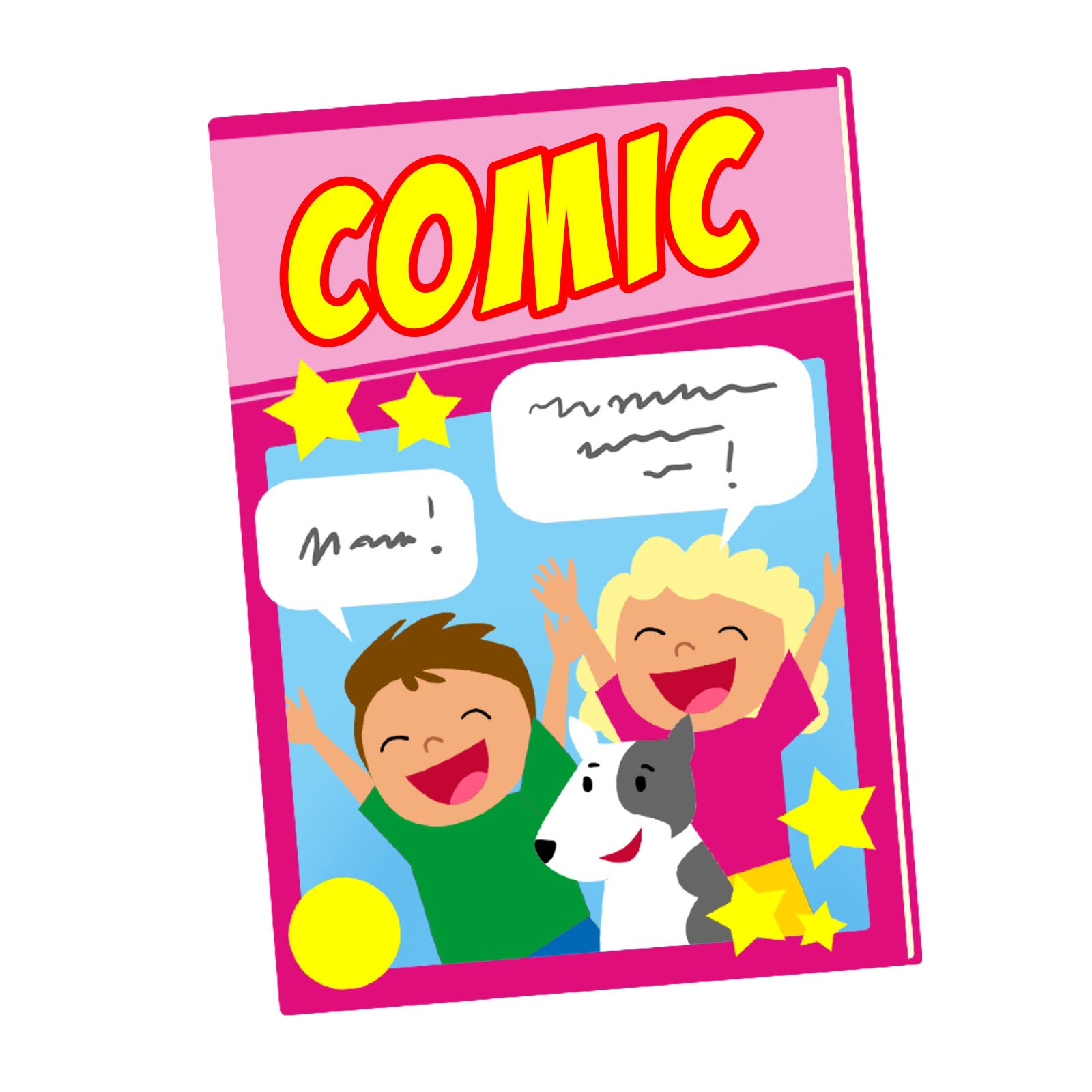 Ilustracja przedstawia komiks. na okładce jest dwoje dzieci i pies.