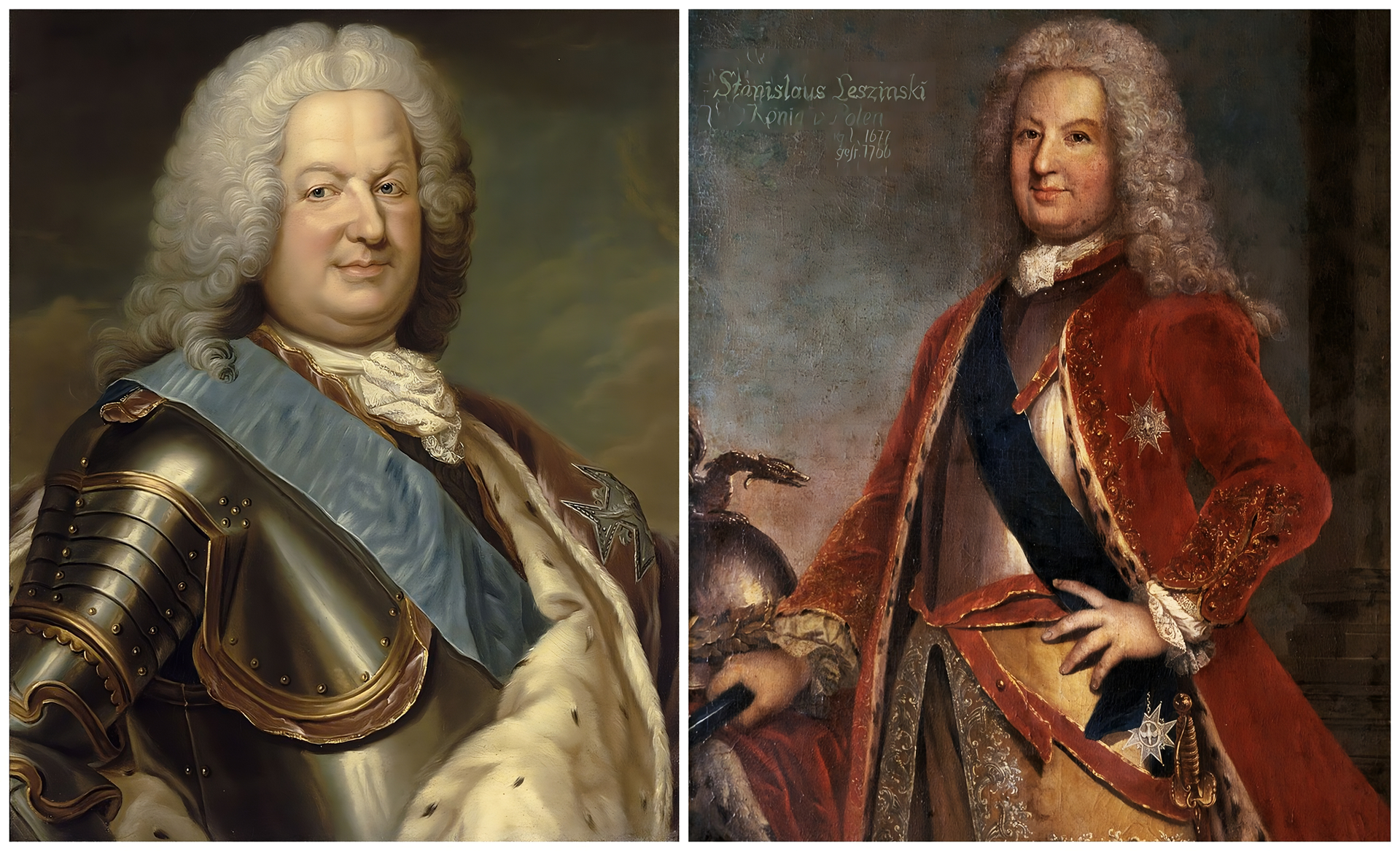 Kliknij, aby powiększyć. Na lewo portret Stanisława Leszczyńskiego z lat trzydziestych XVIII wieku. Król jest ubrany w zbroję przepasaną jedwabną szarfą, z narzuconym na lewe ramię gronostajowym płaszczem koronacyjnym. Król ma na głowie francuską perukę. Twarz jest okrągła z lekkim uśmiechem. Na prawo portret Stanisława Leszczyńskiego w stroju francuskim. Król ma perukę ułożoną w długie loki opadające na plecy. Pod szyją ma halsztuk (chustę), który zakrywa kołnierz koszuli z mankietami z koronki. Na kaftan nałożoną ma zbroję przepasaną szarfą. Płaszcz gronostajowy zdobi Order Ducha Świętego. W prawej dłoni Leszczyński trzyma laskę, która opiera się o stolik z leżącym na nim hełmem.