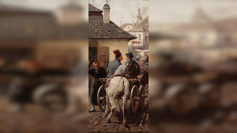 Obraz przedstawia tylną część furmanki, na której siedzi dwóch rozmawiających ze sobą mężczyzn. Pozdrawia ich zdejmując czapkę stojący obok inny mężczyzna. Za wozem kroczy biały koń.