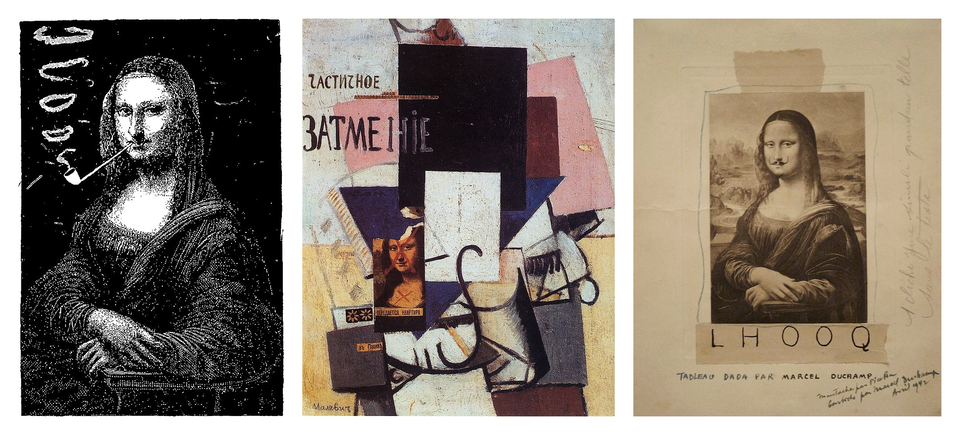 Ilustracja przedstawia trzy interprtacje obrazu Mona Lisa. Pierwsza ilustracja z lewej jest czarno biała, przedstawia Monę Lisa palącą fajkę. Z fajki unoszą się ku górze okrągłe obłoczki dymu. Druga ilustracja jest kolorowa. Na jasnym tle namalowano różnokolorowe kartki. Na jednej z nich znajduje się głowa Mony Lisy. Na jej twarzy i dekolcie namalowano czerwone iksy. W lewym, górnym rogu napis w języku rosyjskim: częściowe zaćmienie. Trzecia interpretacja jest utrzymana w odcieniach jasnego beżu. Postaci Mona Lisy domalowano czarne, cienkie wąsiki, unoszące się ku górze. Pod obrazem znajduje się napis LHOOQ, pod nim kolejny napis: Tableau dada par Marcel Duchamp. W prawym dolnym rogu znajduje się odręczny, nieczytelny zapis. Wzdłuż prawego boku obrazu napisano coś ołówkiem oraz obrysowano nim postać Mony Lisy.