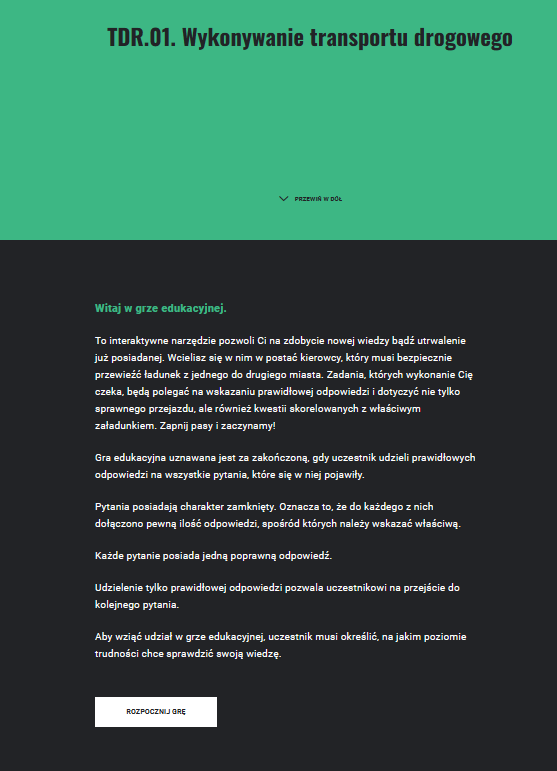 Ekran gry edukacyjnej po kliknięciu przycisku "Włącz tryb pełnoekranowy"