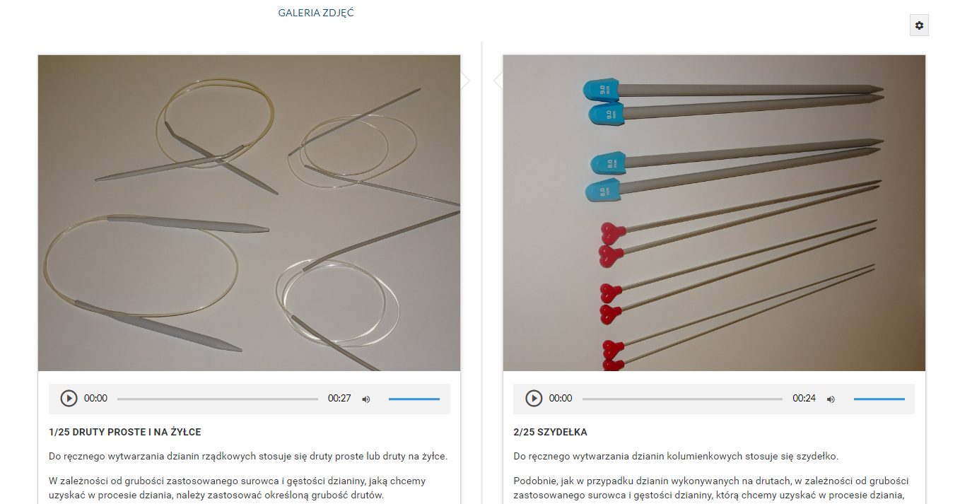 Grafika przedstawia przykładowy widok na galerię zdjęć. Widoczne są dwa zdjęcia przedstawiające druty, opisy drutów oraz odtwarzacze tekstu lektorskiego.