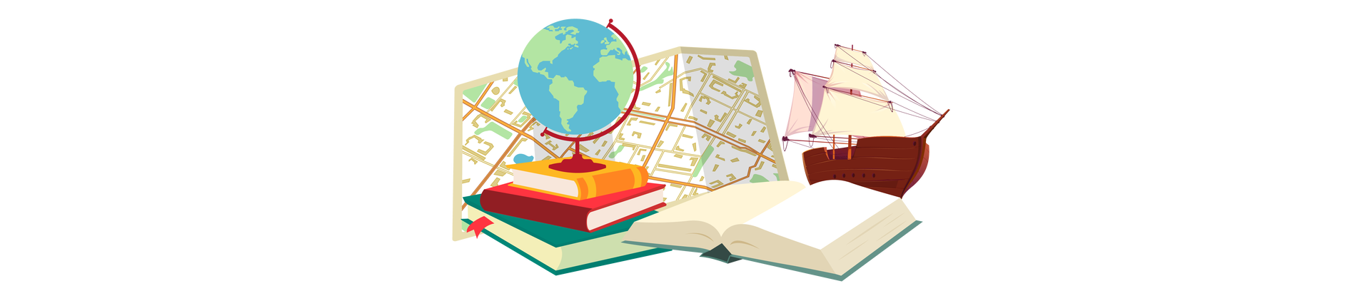 Ilustracja przedstawia atrybuty podróżnika. Na pierwszym planie znajduje się globus, który stoi na trzech książkach ułożonych jedna na drugiej. Obok leży kolejna książka; jest otwarta. Po prawej stronie znajduje się miniatura statku. W tle jest rozłożona mapa.