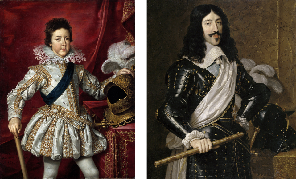 Ilustracja przedstawia dwa portrety króla Ludwik trzynastego Burbon w wieku 16 lat i jako dorosłego.  Na pierwszym portrecie widzimy młodzieńca z krótkimi, kręconymi włosami zaczesanymi lekko do tyłu. Ubrany jest w królewski strój: zdobiona marynarkę przedłużaną od pasa i rozkloszowaną w formie krótkiej spódniczki. Do połowy uda ma białe pończochy. Pod szyją ma koszulę z dużym kołnierzem. Stoi obok stolika, na którym leży hełm, na który się opiera jedną rękę. Po prawej stronie, na drugim portrecie widzimy dorosłego króla. Ma on długie, czarne, kręcone włosy opadające na ramiona, mały wąsik oraz brodę. Ubrany jest w zbroję. Jego strój przepasany jest białą szarfą. Pod szyją ma duży kołnierz. Obok niego leży hełm.