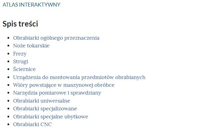 Widok zakładek atlasu w charakterze spisu treści, gdzie nazwy kolejnych elementów są uporządkowane jedna pod drugą.