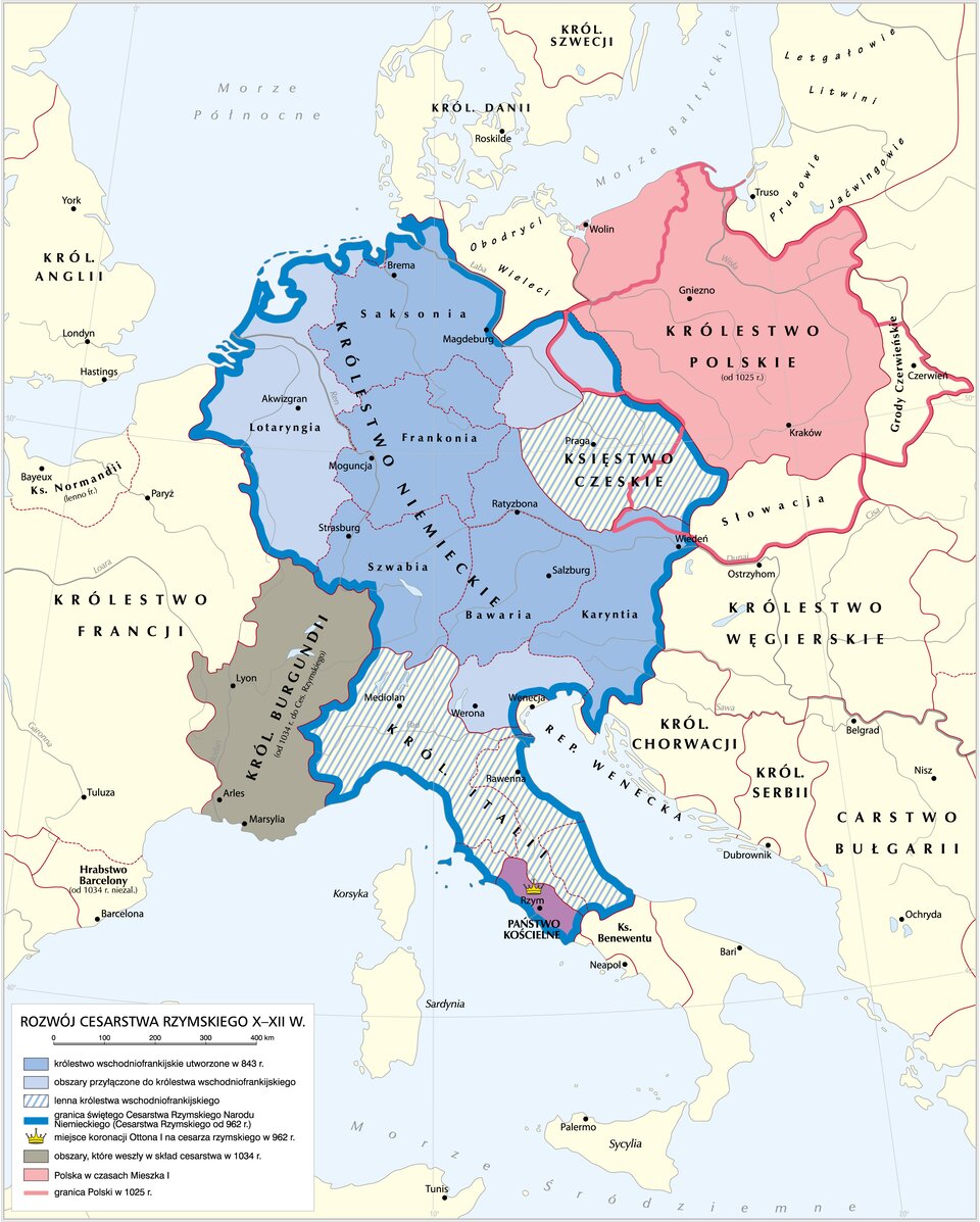 Mapa przedstawia cesarstwo (zwane od trzynastego wieku Świętym Cesarstwem Rzymskim Narodu Niemieckiego). Składało się ono z rdzenia, którym było Królestwo Niemieckie oraz z równoprawnych mu formalnie: Królestwa Włoch (do 1648 r.) i Królestwa Burgundii (1032‑1378). Obszarami, które weszły w skład cesarstwa w 1034 r. było Królestwo Burgundii. Księstwo Czeskie i Królestwo Italii były lennami królestwa wschodniofrankijskiego. 