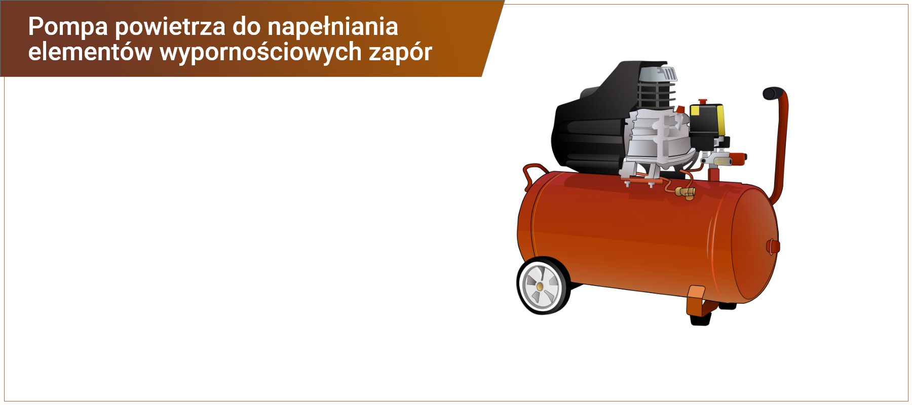 Grafika w ramce z podpisem: pompa powietrzna do napełniania elementów wypornościowych zapór. Przedstawia pompę złożoną z walcowatego zbiornika, który w dolnej części ma kółka i nóżki, a w górnej rączki oraz silnik i zbiornik paliwa oraz przyłącza do rur z zaworami. 