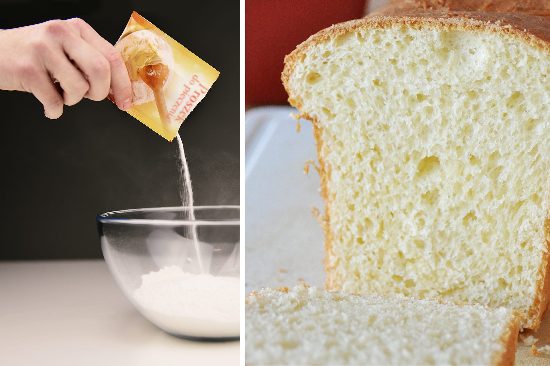 Zdjęcie przedstawiające z lewej strony dłoń wsypującą z torebki proszek do pieczenia do miski, a z prawej strony przekrój puszystego, wyrośniętego ciasta drożdżowego.