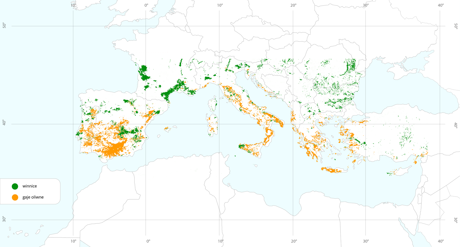 Mapa basenu Morza Śródziemnego prezentująca rozmieszczenie winnic i gajów oliwnych w jego północnej części. Na mapie siatka południków i równoleżników co dziesięć stopni. Winnice oznaczono kolorem zielonym. Występują w centralnej, zachodniej i północnej części Półwyspu Iberyjskiego, południowo‑zachodniej i południowej Francji, na granicy Słowenii i Włoch, południowych Węgrzech, Bułgarii i Rumunii (z wyłączeniem północnej części), niewielkie ilości winnic są również w centralnej Serbii, Macedonii Północnej, północnej Grecji oraz w centralnej i zachodniej części Azji mniejszej. Gaje oliwne oznaczono na pomarańczowo. Największa ich ilość znajduje się w południowej Hiszpanii oraz we wschodniej Portugalii. Występują również w północno‑wschodniej części Hiszpanii, na Majorce, Sycylii, Sardynii, wzdłuż wybrzeży Włoch na południe od Florencji aż do południowych granic oraz w Dalmacji, Albanii, Grecji, zachodnim wybrzeżu Azji Mniejszej Krecie i wyspach położonych w rejonie Morza Egejskiego. 