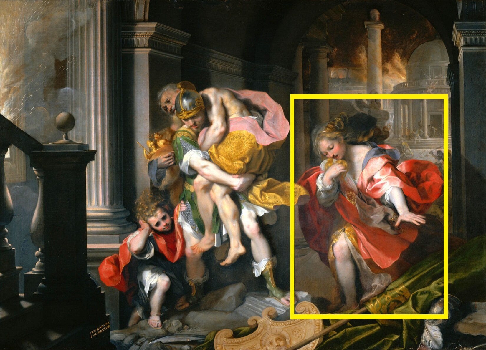 Ilustracja przedstawia obraz „Ucieczka Eneasza z Troi”, której autorem jest Federico Barocci. Na obrazie znajdują się cztery osoby. Po prawej stronie jest kobieta o długich brązowych włosach. Ubrana jest w biało‑czerwoną szatę. Wokół niej znajduje się żółta ramka w kształcie prostokąta. Na środku obrazu jest mężczyzna w krótkiej, zielonej zbroi ze złotymi zdobieniami i srebrno‑złotym hełmie. Na nogach ma zielone sandały nad kostkę. Na lewym ramieniu niesie starszego mężczyznę przepasanego żółto‑pomarańczową szatą. Po lewej stronie stoi chłopiec z jasnymi kręconymi włosami ubrany w biało czarną tunikę i czerwony płaszcz. Prawą dłonią dotyka swojego prawego ucha, a lewą prawego biodra stojącego mężczyzny. Przedstawione osoby znajdują się we wnętrzu budynku. Na podłodze leży zielono‑złota kotara, srebrny hełm z białym pióropuszem złoty element dekoracyjny. Tło jest ciemne, niewyraźne. 