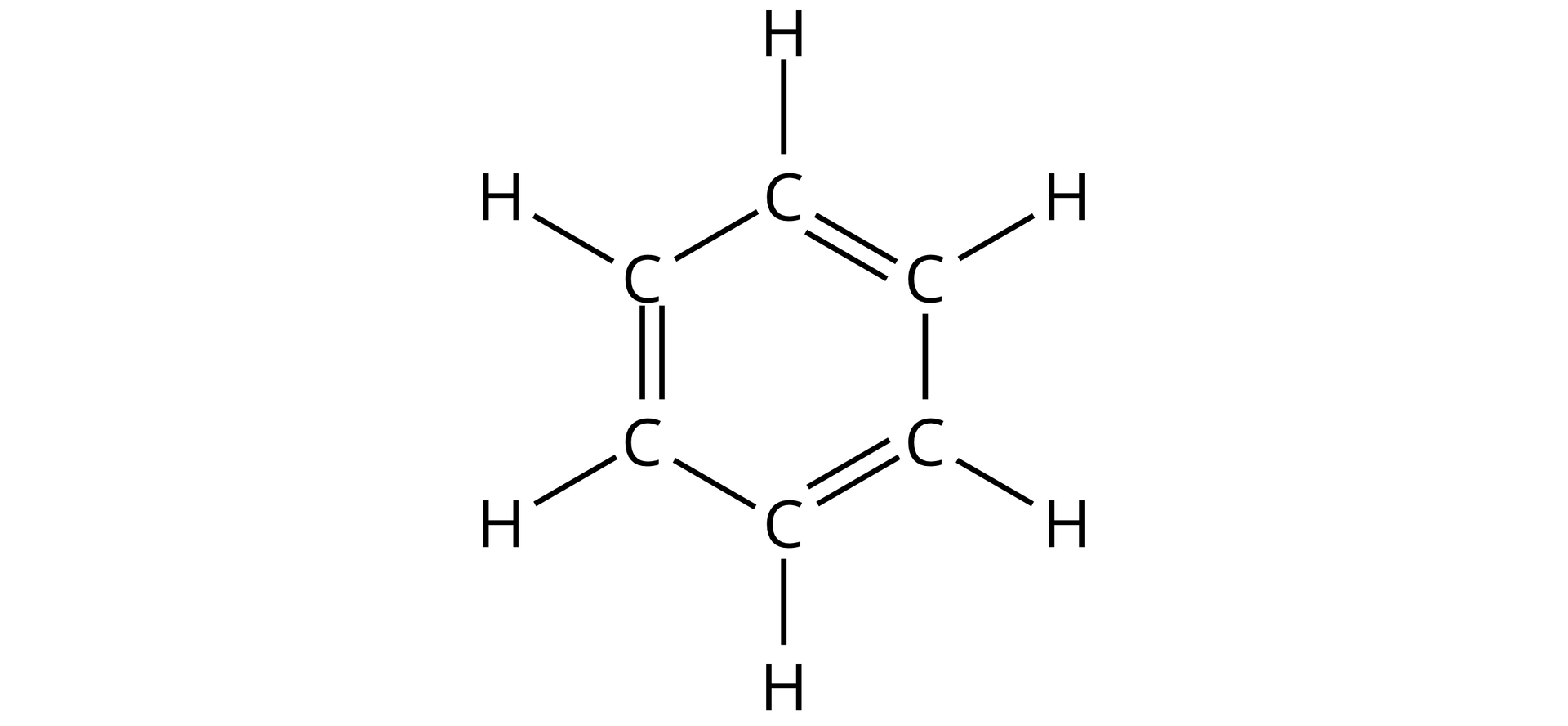 Ilustracja przedstawia sześcioczłonowy pierścień aromatyczny. Zbudowany z sześciu atomów węgla, z których każdy połączony jest z jednym atomem wodoru. Pomiędzy atomami węgla zaznaczono naprzemiennie wiązania podwójne i pojedyncze.