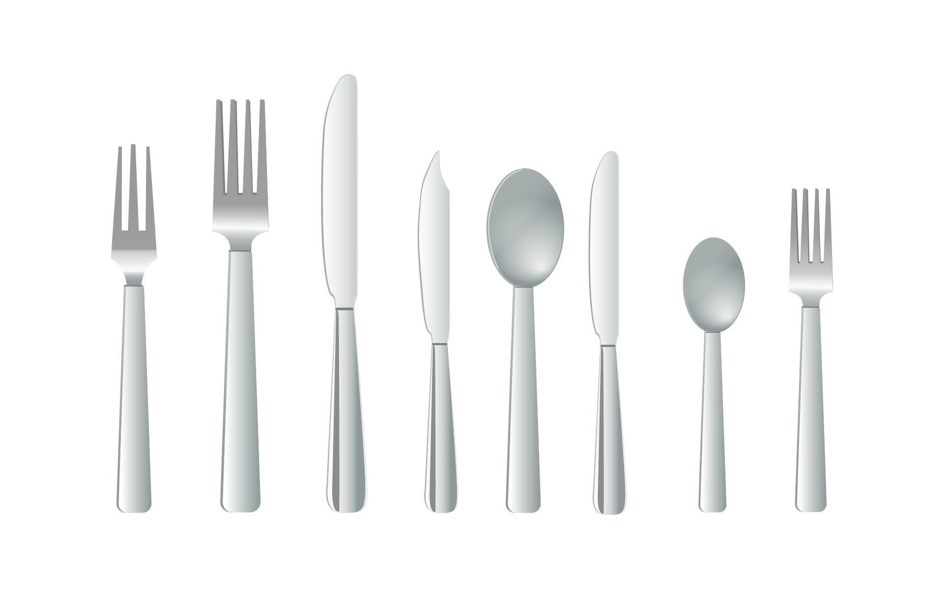 Na grafice widać: mały metalowy widelec z trzeba zębami, duży metalowy widelec z czterema zębami,  duży metalowy nóż o zaokrąglonej końcówce ostrza, mały metalowy nóż o zaostrzonej i zagiętej w prawą stronę końcówce ostrza, dużą metalową łyżkę, mały metalowy nóż o zaokrąglonej końcówce ostrza, małą łyżeczkę, mały metalowy widelec z czterema zębami.