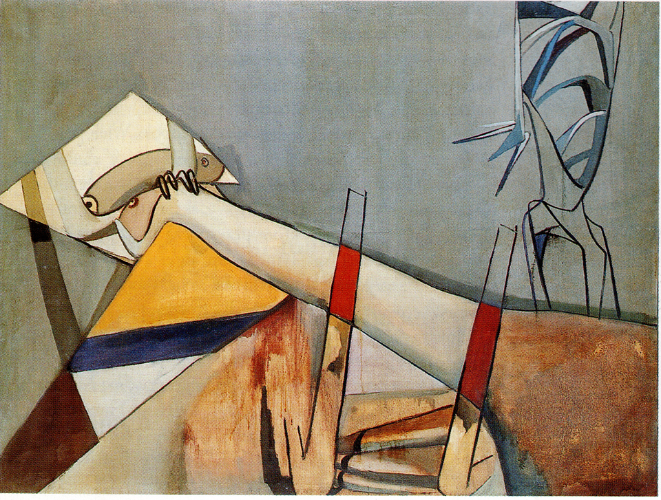 Ilustracja przedstawia obraz pt. „Obraz metaforyczny I” autorstwa Tadeusza Kanotra.. Obraz przedstawia dziwne istoty na wpół zwierzęce na wpół mechaniczne, sylwetki dwóch przedziwnych stworów widoczne są na szarym tle. Jeden z potworów leży wzdłuż całej szerokości obrazu a drugi, który jakby zawinięty w bandaże i lekko zarysowany stoi odwrócony w lewo nie patrząc na leżącego.