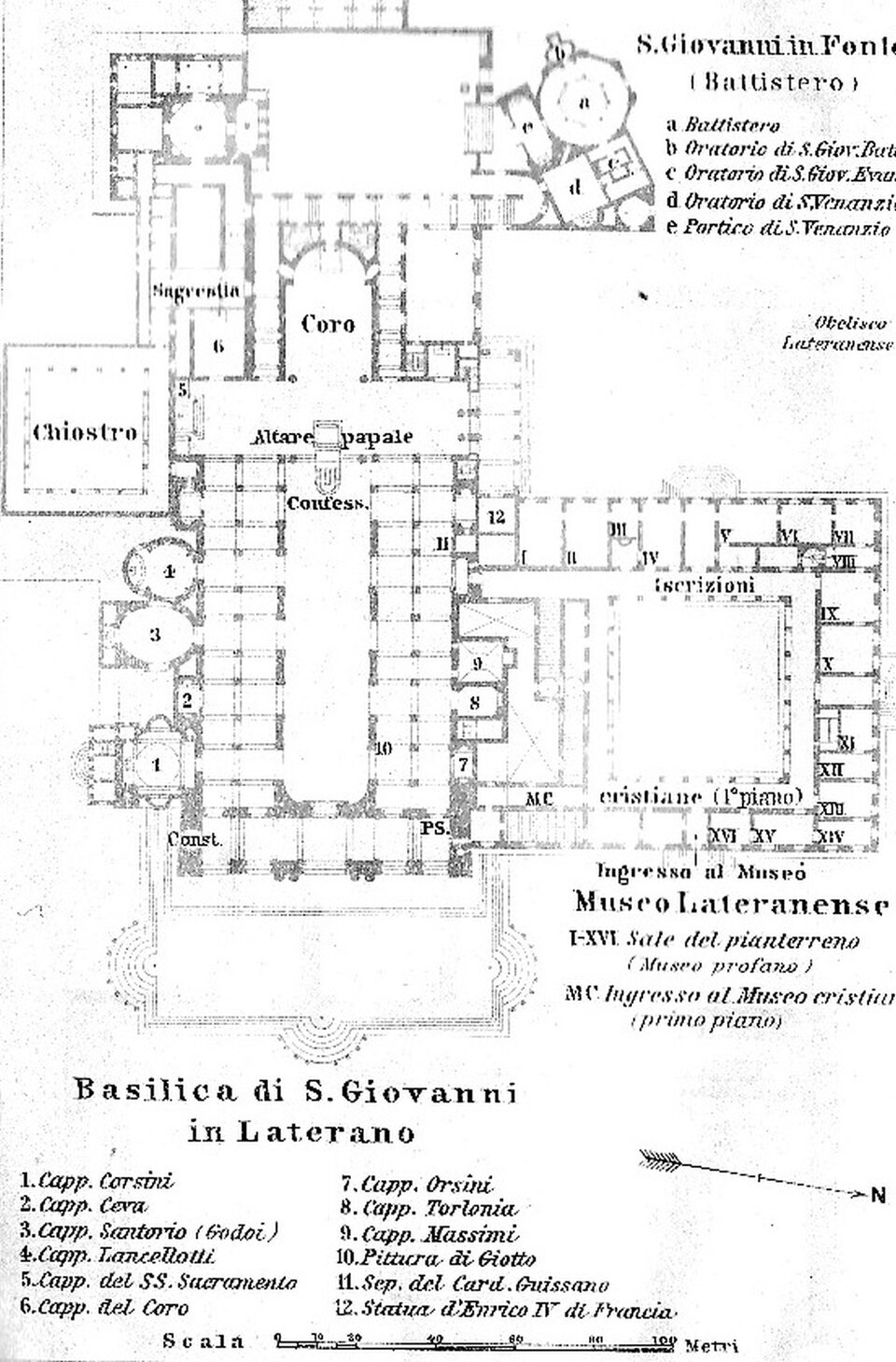 Ilustracja przedstawia  plan kościoła św. Jana na Lateranie wraz z otaczającą zabudową. Rysunek wykonany został tuszem na papierze. Kościół ma rzut krzyża łacińskiego z apsydą i transeptem. Nawy boczne zawierają kaplice.  Na planie zostały oznaczone poszczególne elementy kościoła. Pod rysunkiem znajduje się legenda. Opisy wykonane zostały w języku włoskim. 