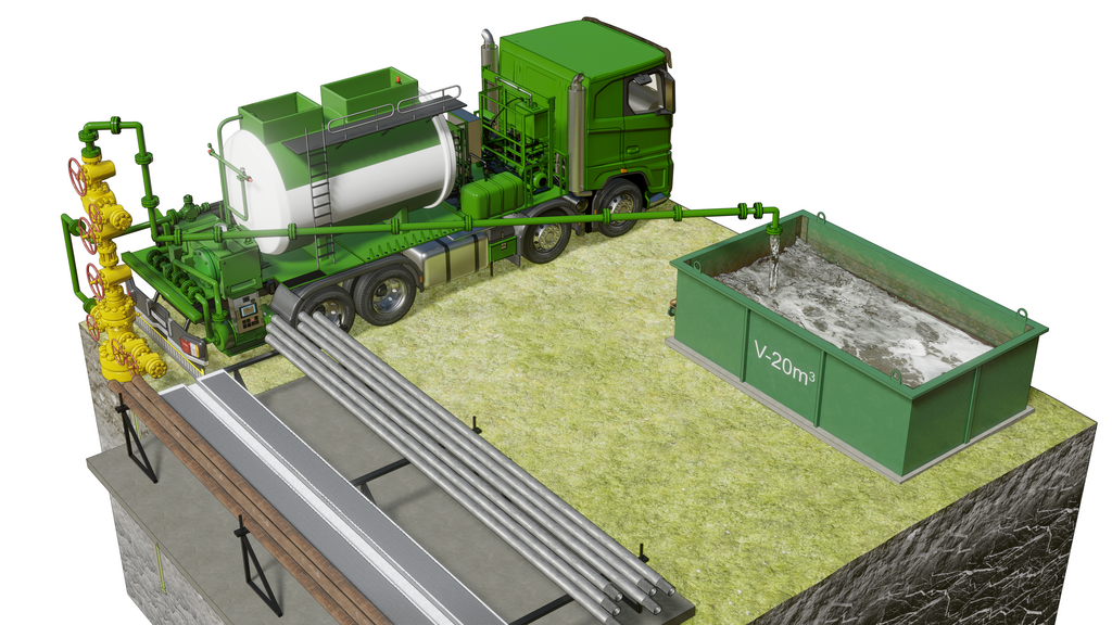 Na zdjęciu przedstawione jest ustawienie poszczególnych urządzeń i osprzętu wokół głowicy podczas wywołania odwiertu jednostką azotową.Po lewej stronie zdjęcia znajduje się jednostka azotowa typu MPU. Urządzenie to jest to zielona ciężarówka z naczepą na której znajduje się biały cylindryczny zbiornik. Na górze zbiornika widoczne są dwa elementy o kształcie prostopadłościennych skrzyń. Od dolnej skrzyni biegnie zielona rura która łączy się z armaturą znajdującą się na tyle naczepy. Od armatury biegnie połączenie rurowe łączące się z boku z głowicą wiertniczą. Od góry głowicy biegnie pod skosem zielona rura której koniec znajduje się nad zielonym zbiornikiem widocznym w prawym górnym rogu zdjęcia. Z rury wylewa się ciecz do zbiornika.Po prawej stronie wieży wiertniczej znajduje się rampa służąca do prac obróbczych. Rampa jest ustawiona prostopadle do jednostki samochodowej. Podstawą rampy jest betonowy prostopadłościan. Na nim znajdują się trzy metalowe stelaże. Każdy ze stelaży podparty jest w trzech miejscach za pomocą metalowych prętów. Pręty ułożone są w trójkąty. W górnej części konstrukcji znajduje się sześć brązowych rur. Są one ułożone obok siebie na metalowym stelażu. Po obu końcach rur widać połączenia gwintowane. Poniżej stelaża z rurami znajduje się drugi stelaż. Blat stelaża jest wykonany ze stali. W centralnej części blatu znajduje się pionowe wycięcie o kształcie półksiężyca. Do wycięcia można umieścić rurę. W stalowym blacie znajdują się żłobienia. Żłobienia są prostopadłe do centralnego wycięcia, a równoległe względem siebie.W górnej części zdjęcia znajduje się zielony, zbiornik na ciecz roboczą. Zbiornik jest umieszczony równolegle do stelaży znajdujących się poniżej a prostopadle względem jednostki samochodowej. Zbiornik posadowiony jest na betonowej podstawie w kształcie prostopadłościanu. Z wyglądy przypomina kontener na śmieci. W jego lewej części znajduje się zielony zawór z czerwonym pokrętłem u góry. W środku zbiornika widoczne są ślady rdzy. Zbiornik wypełniony jest cieczą przypominającą wzburzoną wodę. Na ścianie kontenera znajduje się napis <math aria‑label="V myślnik dwadzieścia metrów sześciennych">V-20M3.