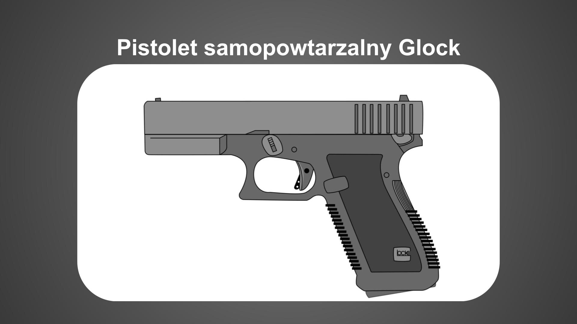 Szara plansza. U góry biały napis: „Pistolet samopowtarzalny Glock”. Poniżej, na białym tle, szary rysunek pistoletu.