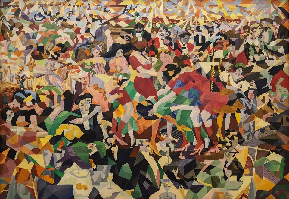 Ilustracja przedstawia obraz Gino Severiniego „Taniec Pan Pan w „Monico”" o kształcie poziomego prostokąta. Ukazuje tłum tańczących ludzi, jako przenikające się płaszczyzny, podzielone na plamy o kanciastym kształcie. Kobiety mają suknie głównie w kolorach: czerwonym, zielonym, fioletowym, żółtym. Mężczyźni ubrani są w czarne fraki. Wszystkie postacie ukazane są w ruchu. Ich rozmiar zmniejsza się w miarę oddalania planu.   
