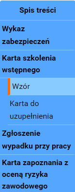 Grafika przedstawia przykładowy widok spisu treści. Pod napisem „Spis treści” znajdują się kafelki z kolejnymi tytułami plansz.