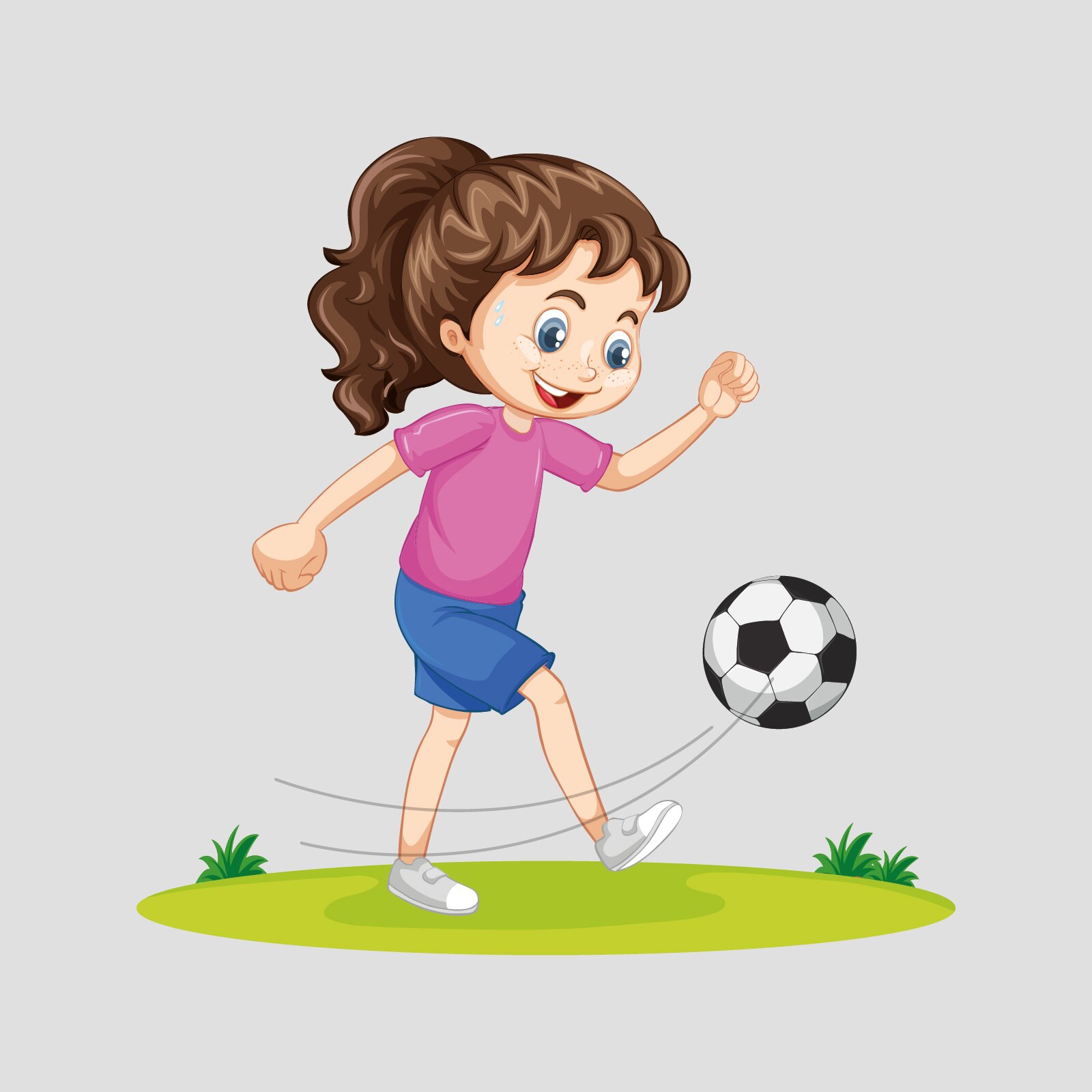 Ilustracja przedstawia dziewczynkę w różowej koszulce, kopiącą piłkę do gry w piłkę nożną. Ma brązowe włosy, spięte w kucyk.