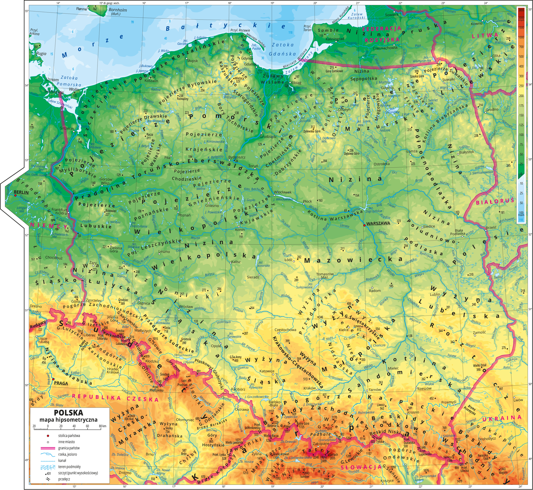 Ilustracja przedstawia mapę hipsometryczną Polski. W obrębie lądów występują obszary w kolorze zielonym, żółtym, pomarańczowym i czerwonym. Na północy przeważają obszary w kolorze zielonym przechodzące ku południowi w kolor żółty i pomarańczowy aż do czerwonego. Morza zaznaczono kolorem niebieskim . Na mapie opisano nazwy półwyspów, wysp, głównych nizin, wyżyn i pasm górskich, morza, zatok, zalewów, rzek i jezior. Na obszarze morza w wybranych miejscach opisano głębokości. Oznaczono białymi kropkami i opisano główne miasta, stolicę – Warszawę wyróżniono czerwoną kropką. Berlin i Pragę również oznaczono w ten sposób. Oznaczono czarnymi kropkami i opisano szczyty górskie. Różową wstążką oznaczono granice państw. Kolorem czerwonym opisano państwa sąsiadujące z Polską.Mapa pokryta jest równoleżnikami i południkami. Dookoła mapy w białej ramce opisano współrzędne geograficzne co jeden stopień.Po prawej stronie mapy na górze w legendzie umieszczono prostokątny pionowy pasek. Pasek podzielono na dwadzieścia trzy części. U góry – czerwony i ciemnopomarańczowy, dalej pomarańczowy, jasnopomarańczowy i żółty, jasnozielony i ciemnozielony, kolejno jasnoniebieski do ciemnoniebieskiego. Opisano izohipsy od zero metrów (poziom morza)do dwóch tysięcy metrów powyżej poziomu morza – w obrębie kolorów zielonych co dwadzieścia pięć metrów, w obrębie kolorów żółtych co pięćdziesiąt metrów, w obrębie kolorów pomarańczowych co sto, dwieście, trzysta i pięćset metrów. W obrębie kolorów czerwonych opisano izohipsy tysiąc pięćset metrów nad poziomem morza i dwa tysiące metrów nad poziomem morza.Na dole paska odcieniami koloru niebieskiego oznaczono głębokości mórz i opisano izobaty: dziesięć metrów poniżej poziomu morza, dwadzieścia pięć metrów poniżej poziomu morza, pięćdziesiąt metrów poniżej poziomu morza, sto metrów poniżej poziomu morza.Po lewej stronie mapy na dole w legendzie umieszczono i opisano znaki użyte na mapie. Miasta oznaczono białą kropką, stolice – czerwoną kropką, granice państw – różową wstążką. Rzeki to niebieskie linie, teren podmokły – niebieskie kreskowanie, szczyty to czarne kropki opisane wysokością.