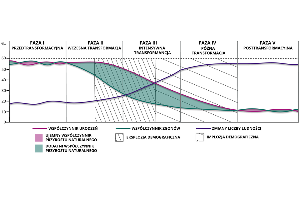 Schemat przedstawia poszczególne fazy modelu przejścia demograficznego. Faza pierwsza przedtransformacyjna. Faza druga wczesna transformacja. Faza trzecia intensywna transformacja. Faza czwarta późna transformacja. Faza piąta posttransformacyjna. Eksplozja demograficzna zachodzi w połowie fazy drugiej i trwa do połowy fazy trzeciej. Implozja demograficzna trwa od połowy fazy trzeciej przez całą fazę czwartą. Zmiany liczby ludności rosną przez fazę pierwszą, drugą, trzecią, dynamicznie wzrasta w fazie czwartej i piątej.  W fazie drugiej trzeciej i czwartej następuje spadek współczynnika urodzeń i współczynnika zgonów. Występuje dodatni współczynnik przyrostu naturalnego.