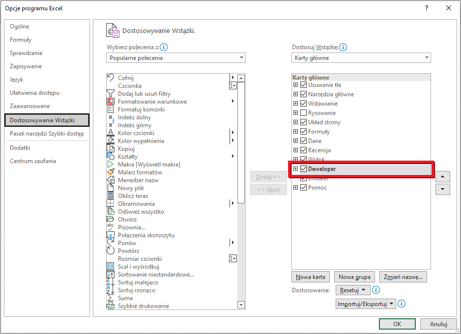 Ilustracja przedstawia okno dialogowe zatytułowane Opcje programu Excel. Wybrano opcję: Dostosowywanie wstążki. Następnie z opcji po prawej stronie okna: Dostosuj Wstążkę wybrano z listy Deweloper. Zastosowano przycisk OK.   