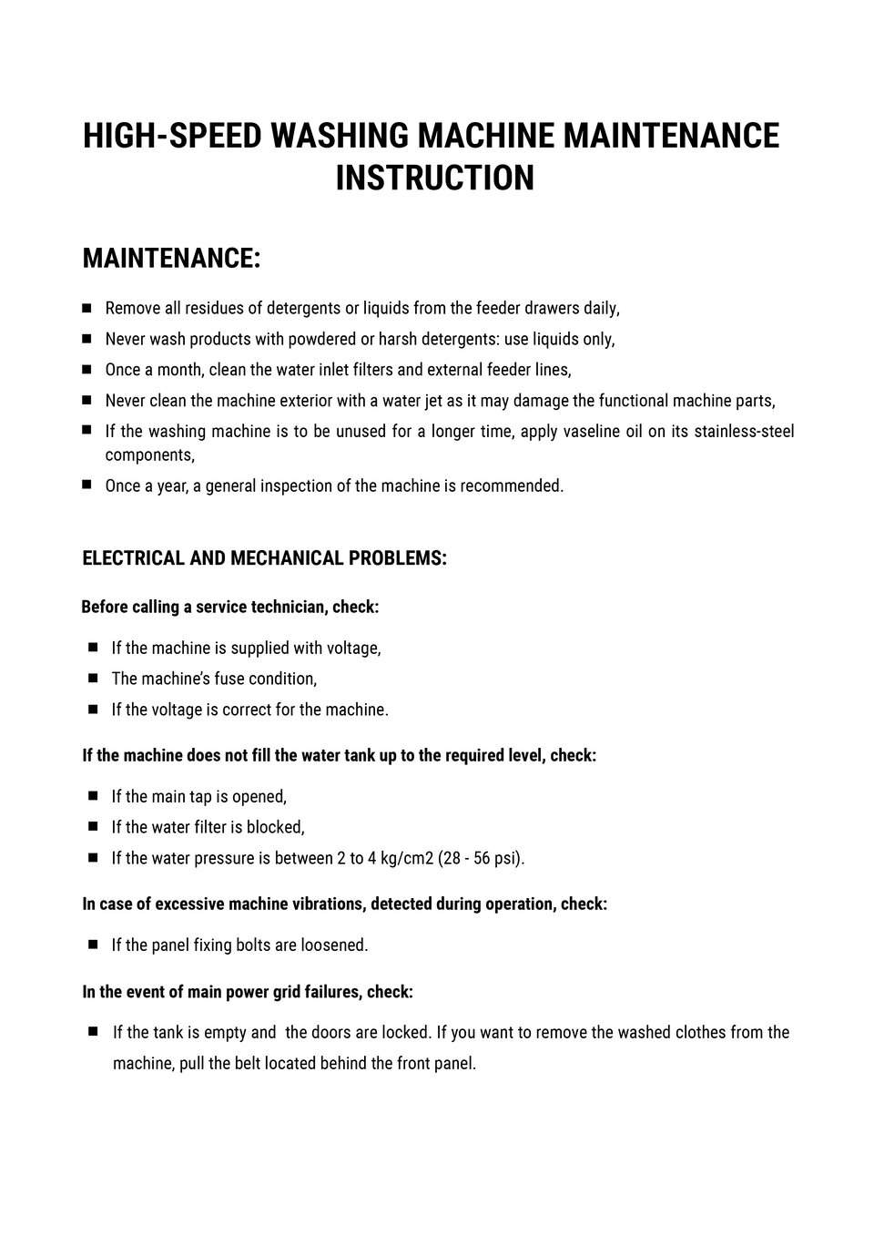 The image presents a document with high-speed washing machine maintenance instructions. Grafika przedstawia dokument zawierający instrukcje odnośnie konserwacji pralnicy wysokoobrotowej.