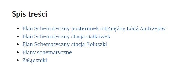Ilustracja przedstawia widok spisu treści.  Znajduje się w nim pięć punktów.
Plan schematyczny posterunek odgałęźny Łóź Andrzejów.Plan schematyczny stacja Gałkówek.Plan schematyczny stacja Koluszki.Plany schematyczneZałączniki