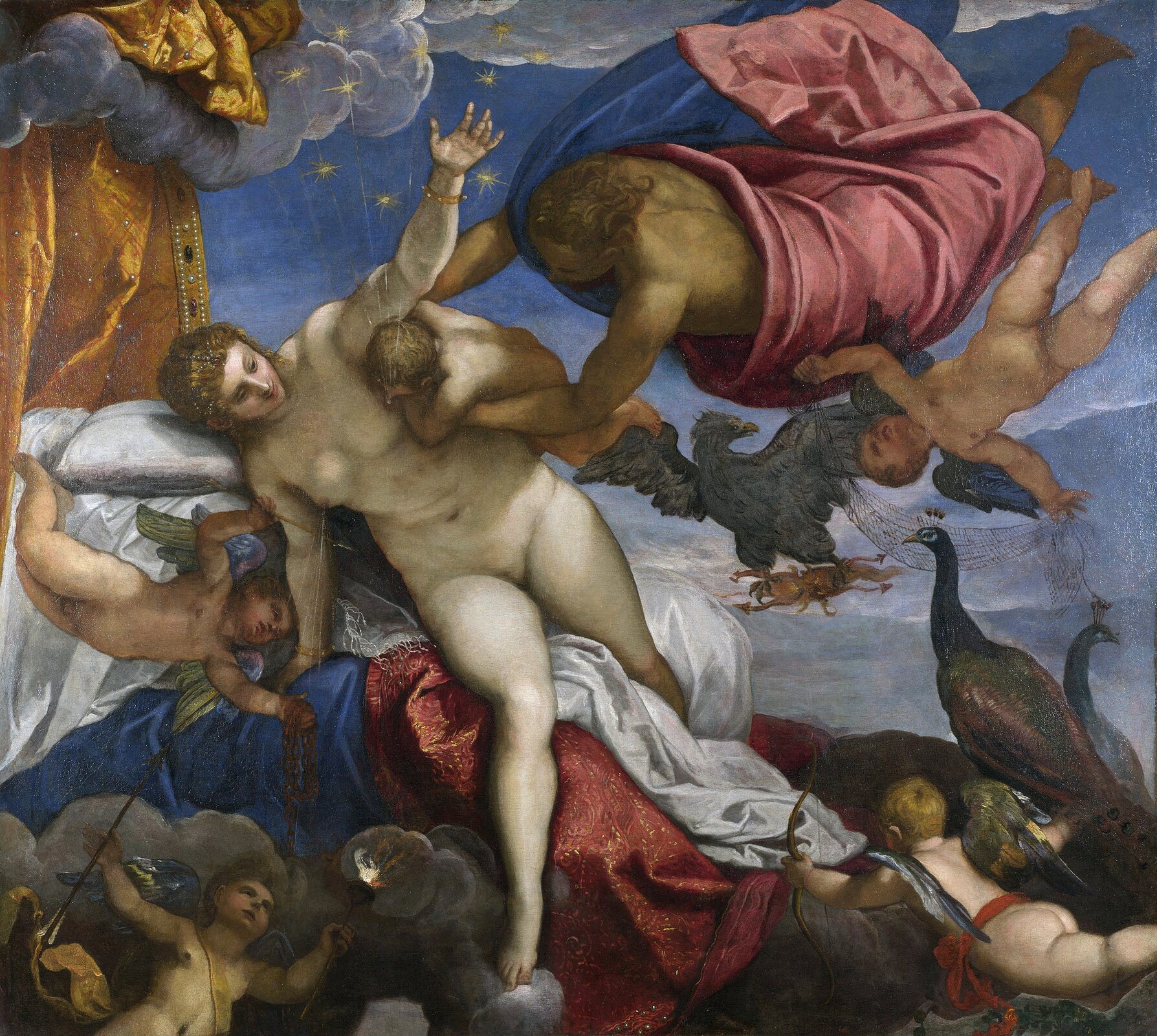 Dzieło autorstwa Jacopo Tintoretto pod tytułem „Powstanie drogi mlecznej” przedstawia Zeusa przytrzymującego małego Heraklesa przy piersi Hery. Na pierwszym planie widoczna jest naga, jasnoskóra i brązowowłosa kobieta - Hera, która karmi niemowlaka trzymanego przez Zeusa, ubranego w niebiesko-czerwone szaty. Jedna dłoń kobiety uniesiona jest ku górze, a druga spoczywa w dole, tuż przy nagim młodym chłopcu, przytrzymującym się kobiety. Nad piersią Hery widoczne są niewielkie gwiazdy unoszące się do chmur. U dołu obrazu widoczne są kupidyny, stworzenia przypominające małe dzieci, każdy z nich jest nagi bądź przepasany szarfą. Tuż pod Zeusem przedstawiono ptaki, z których jeden jest w locie, a dwa pozostałe w bezruchu. 