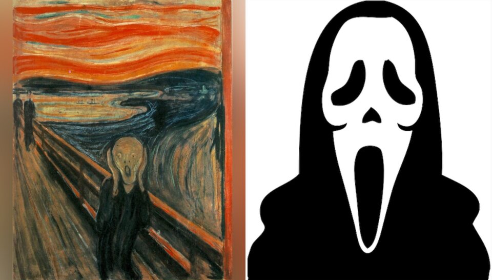 Po lewej stronie znajduje się obraz „Krzyk” Edvarda Muncha – ekspresjonistyczne dzieło ukazujące postać z szeroko otwartymi ustami, stojącą na moście na tle falującego, czerwonego nieba. Po prawej stronie widoczna jest czarno‑biała, uproszczona graficznie maska, stylizowana na podobny wyraz twarzy – otwarte usta i wydłużone rysy. Oba wizerunki przedstawiają postacie w pozach sugerujących przerażenie lub krzyk.