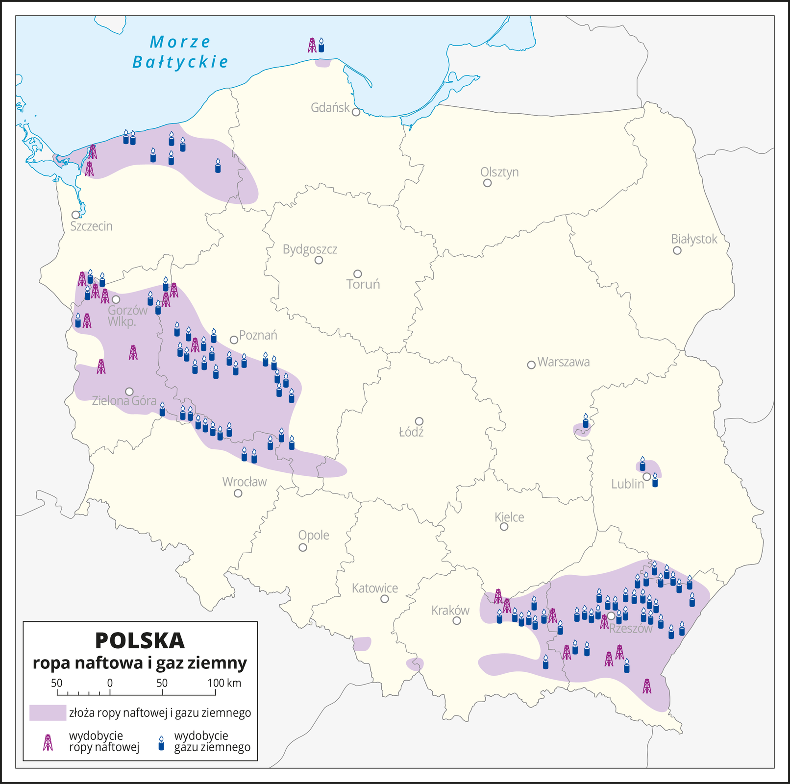 Ilustracja przedstawia mapę Polski z podziałem na województwa. Oznaczono i opisano główne miasta (od lewego górnego rogu: Szczecin, Gdańsk, Olsztyn, Bydgoszcz, Toruń, Białystok, Gorzów Wlkp., Poznań, Warszawa, Zielona Góra, Łódź, Wrocław, Lublin, Opole, Kielce, Katowice, Kraków, Rzeszów). W lewym dolnym rogu mapy znajduje się legenda, w której opisano znaki użyte na mapie. Na mapie kolorem fioletowym zaznaczono obszary, na których występują złoża ropy naftowej i gazu ziemnego. Za pomocą sygnatury wieży wiertniczej oznaczono wydobycie ropy naftowej, natomiast sygnatury palącego się płomienia — gazu ziemnego. W wielkości obszaru Pokrywają się one z miejscem występowania złóż. Ropa naftowa i gaz ziemny występują i są wydobywane w województwie podkarpackim, lubelskim (punktowo okolice Lublina i zachodnia granica województwa) lubuskim, w środkowej części województwa wielkopolskiego, w północnej części województwa dolnośląskiego oraz w północnej części województwa zachodnio—pomorskiego. Złoża ropy naftowej i gazu ziemnego występują, ale nie są wydobywane, również w województwie śląskim (okolice Zebrzydowic i po przeciwnej stronie okolice Koszarawy). Przeważa wydobycie gazu ziemnego.