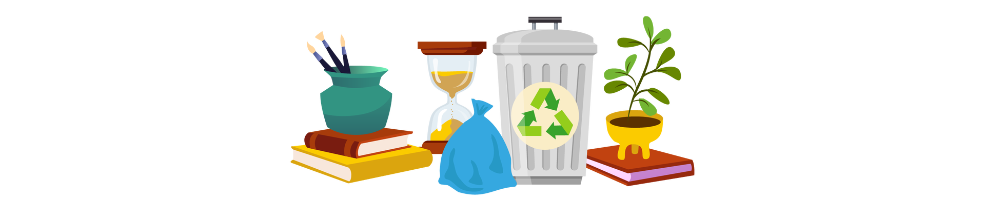 Ilustracja przedstawia kilka przedmiotów ustawionych blisko siebie. Po lewej stronie są dwie książki ułożone jedna na drugiej. Pierwsza ma brązową okładkę, a druga żółtą. Stoi na nich turkusowy wazonik, w którym znajdują się trzy pędzle. Dalej widać klepsydrę, czyli szklane urządzenie o dwóch komorach, służących do przesypywania piasku i odmierzania w ten sposób czasu. Na środku leży niebieski worek ze śmieciami, a obok niego stoi szary pojemnik na śmieci. Na pojemniku jest okrągła naklejka, na której widać trzy zielone strzałki tworzące razem trójkątny kształt symbolizujący recykling, czyli przetwarzanie śmieci w celu ich ponownego wykorzystania. Po prawej stronie leży książka w brązowej okładce, a na niej stoi zielona roślina w żółtej donicy.