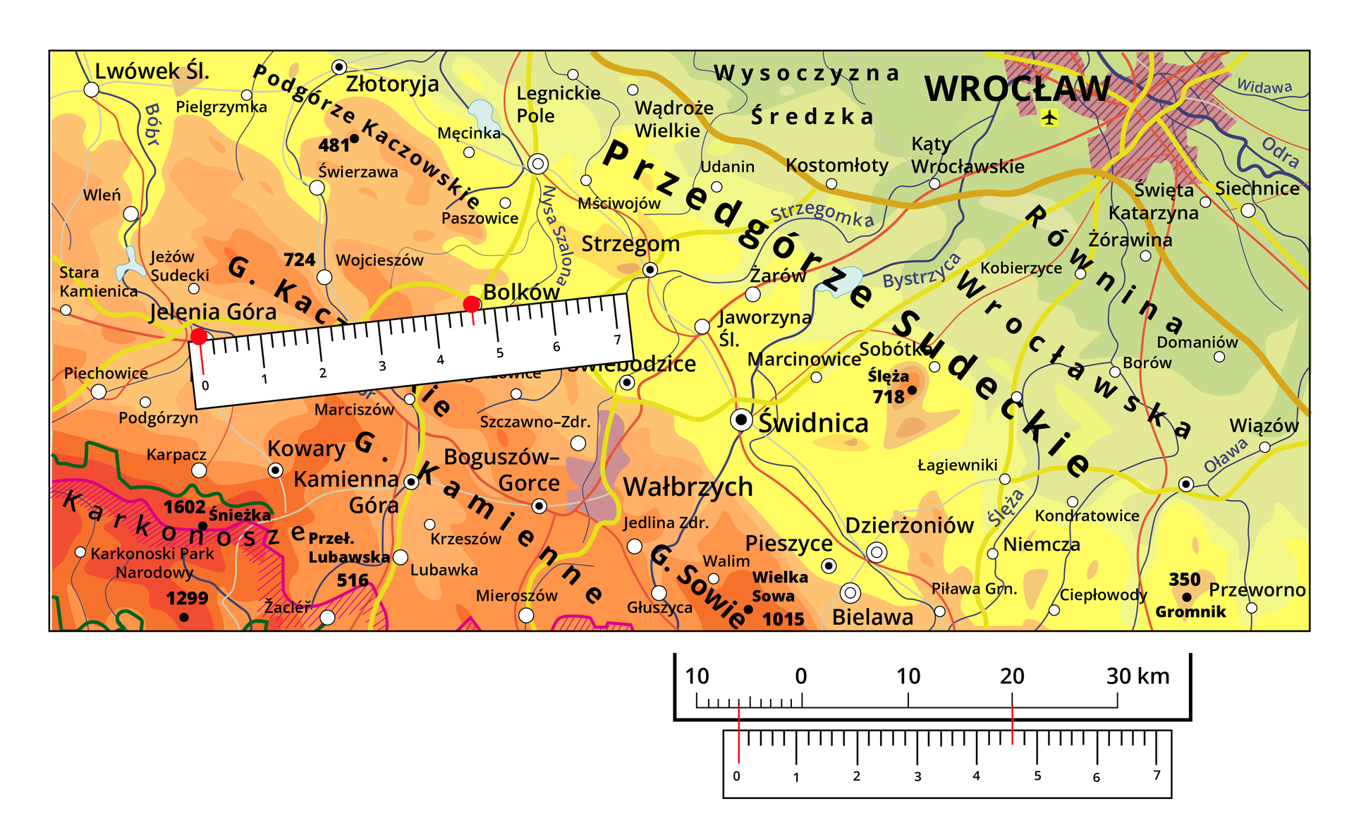Ilustracja przedstawia mapę fizyczną fragmentu Niziny Śląskiej i Sudetów.  Na mapie zaznaczono wysokość terenu kolorami od ciemnozielonego do czerwonego, większe i mniejsze miasta oraz akweny. Pod mapą skala liniowa, w której jedna jednostka odpowiada dziesięciu kilometrom.  Pod skalą znajduje się linijka, która ma 7 centymetrów. Linijka została przyłożona do skali. Na linijce odległość 4,6 centymetra odpowiada dwudziestu dwóm kilometra na podziałce liniowej. Na mapie powyżej została naniesiona ta sama linijka poprowadzona od Jeleniej Góry do Bolków, ta odległość została zaznaczona czerwoną kropką. Odległość między dwoma miastami na linijce wynosi 4,6 centymetra.