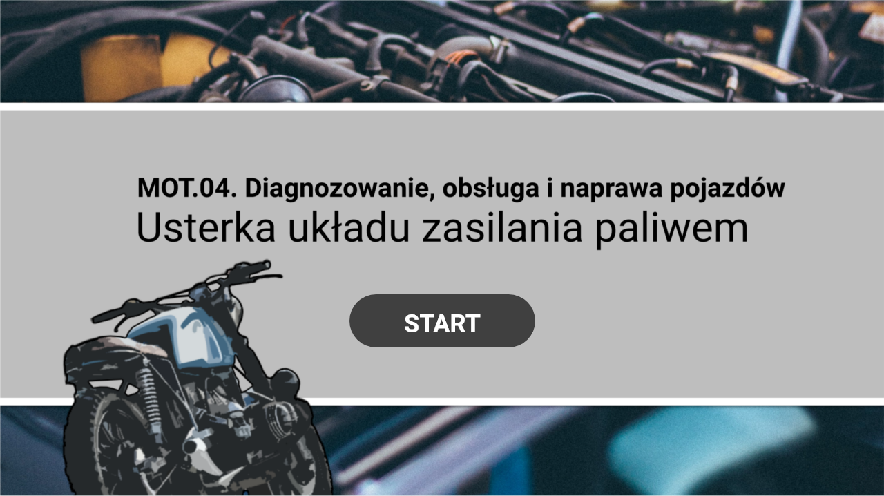 Grafika przedstawia ekran początkowy symulatora. U góry znajduje się tytuł e‑materiału, poniżej tytuł lekcji, grafika przedstawiająca motor oraz przycisk start.