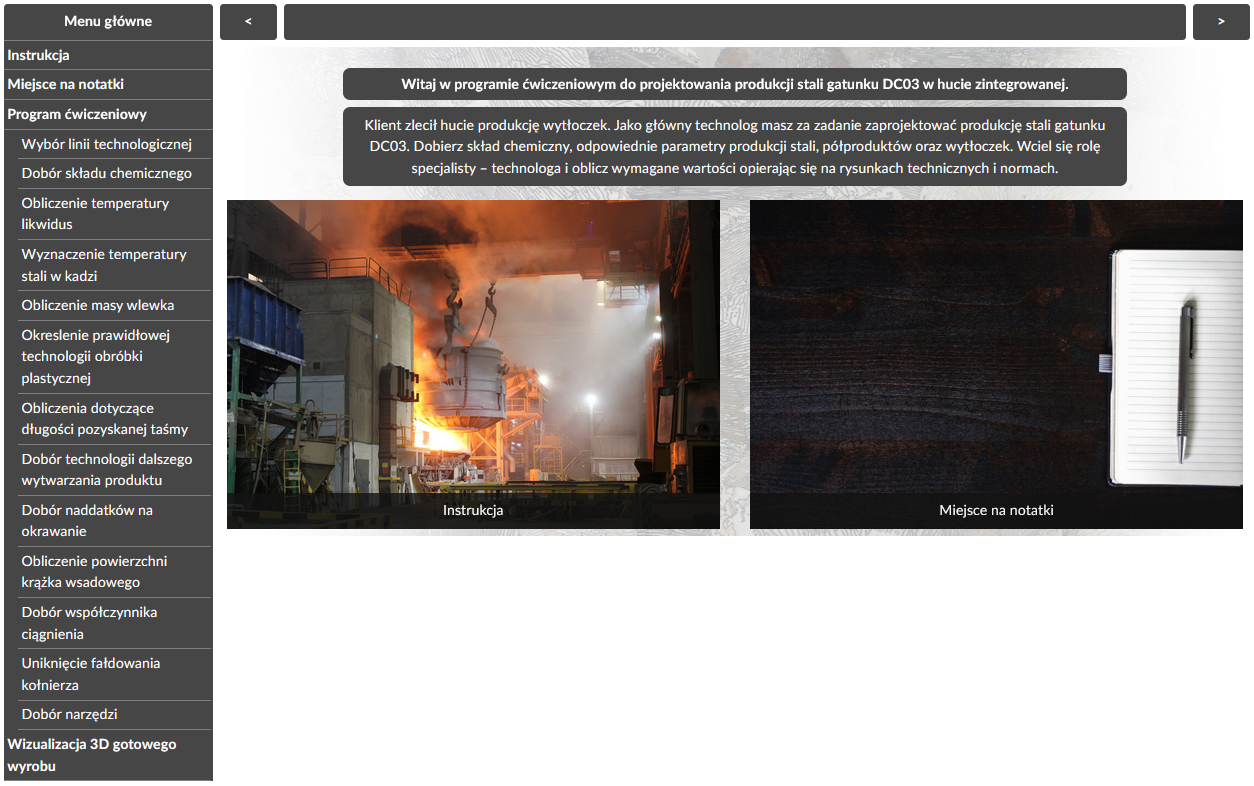 Ilustracja przedstawia ekran startowy programu ćwiczeniowego. Znajduje się w nim menu z listą poszczególnych etapów oraz dwa odnośniki, jeden do instrukcji a drugi do notatnika. Na środku ekranu widnieje tekst witający ucznia w grze.