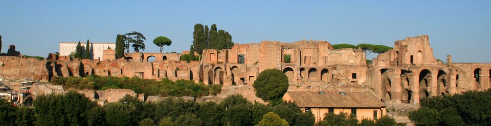 Zdjęcie przedstawia wzgórze, na którym znajdują się rozległe ruiny zabudowań. Pomiędzy nimi widać rosnące drzewa.