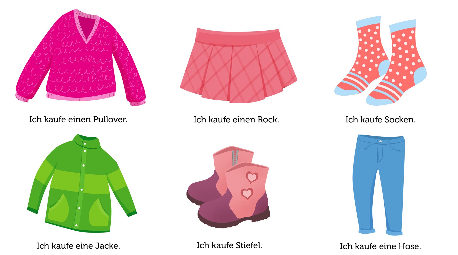 Ilustracja przedstawia podpisane ubrania. Ich kaufe einen Pullover. Ich kaufe einen Rock. Ich kaufe Socken. Ich kaufe eine Jacke. Ich kaufe Stiefel. Ich kaufe eine Hose.