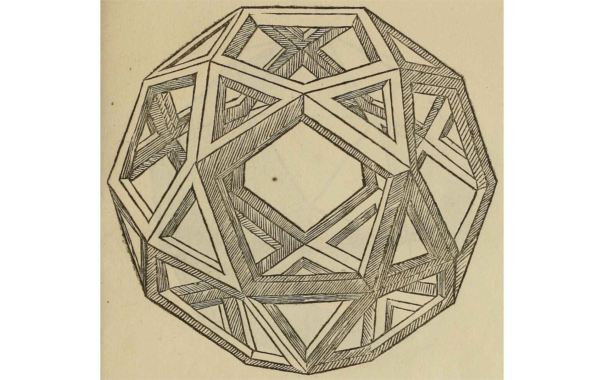Ilustracja przedstawia bryłę obrazującą złoty podział. Bryła obrysem przypomina kulę, ale składa się ze ścian w kształcie pięciokątów foremnych i trójkątów równobocznych. 