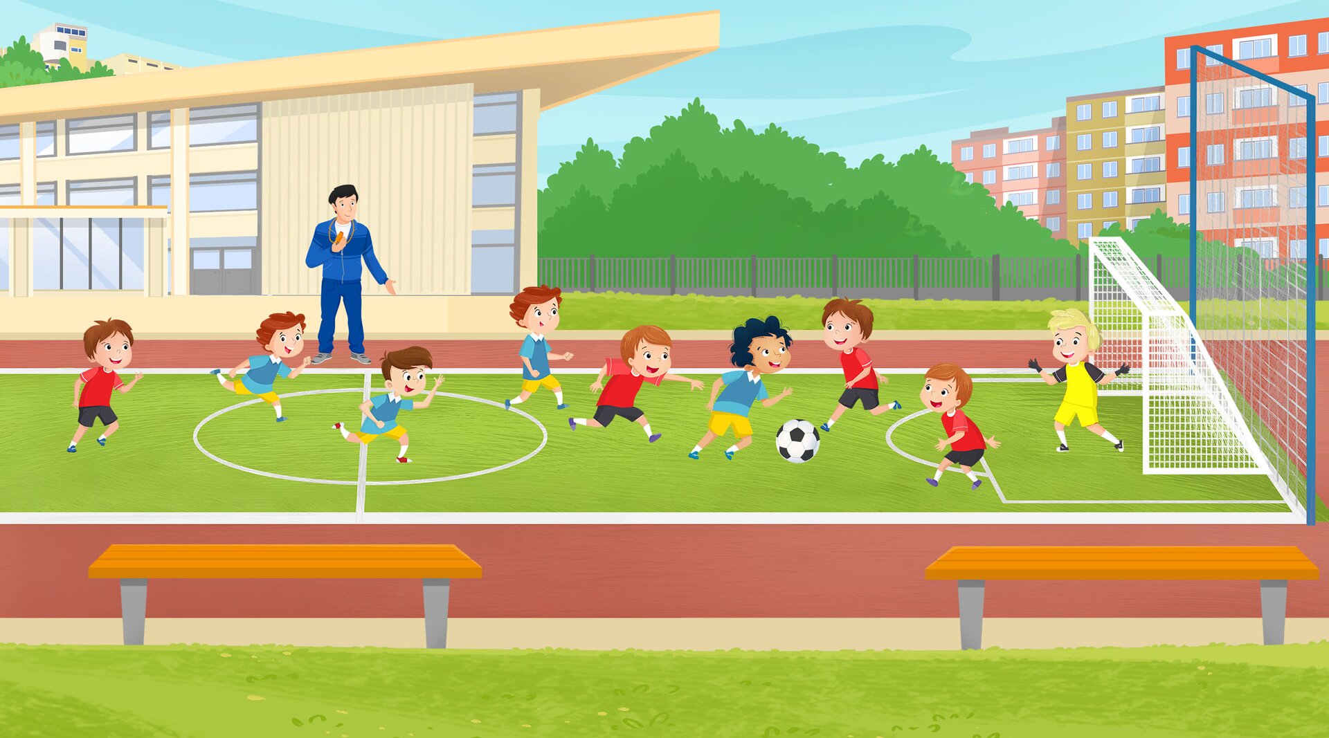 Na ilustracji znajduje się boisko, na którym dzieci grają w piłkę.