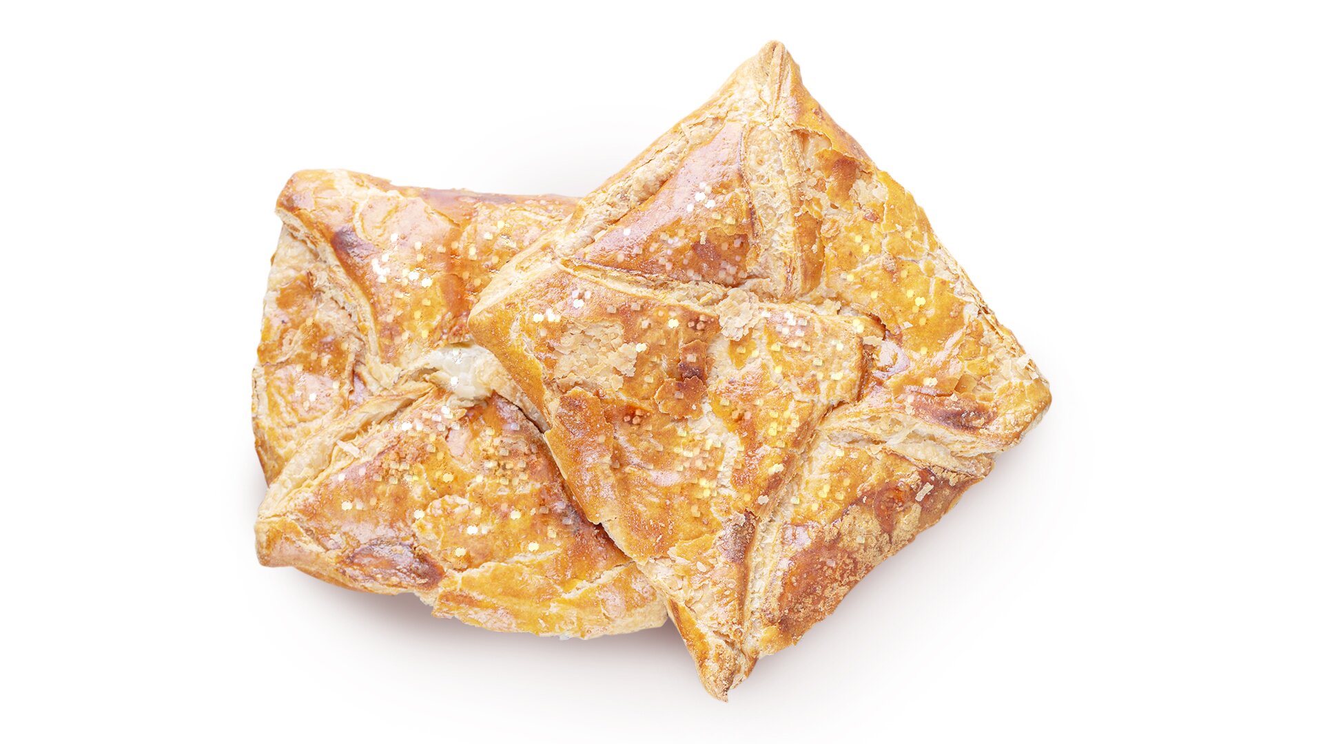 Ciastka koloru złocistego, złożone w kształt koperty, posypane drobinkami cukru.