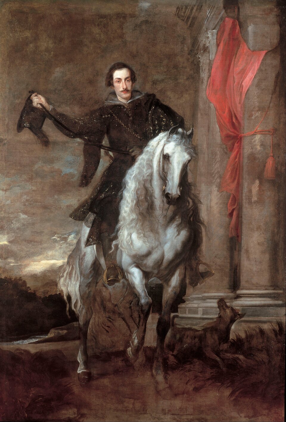 Ilustracja przedstawia obraz Antoona van Dycka „Portret Antoniego Juliusza Brignole‑Sale” o kształcie pionowego prostokąta. Ukazuje mężczyznę na białym koniu. Brignole‑Sale ubrany jest w czarny strój. Przed koniem biegnie pies, spoglądający na mężczyznę. Po prawej stronie znajdują się dwie kolumny. W tle za postacią rozciąga się nisko położony pejzaż z zachmurzonym niebem.