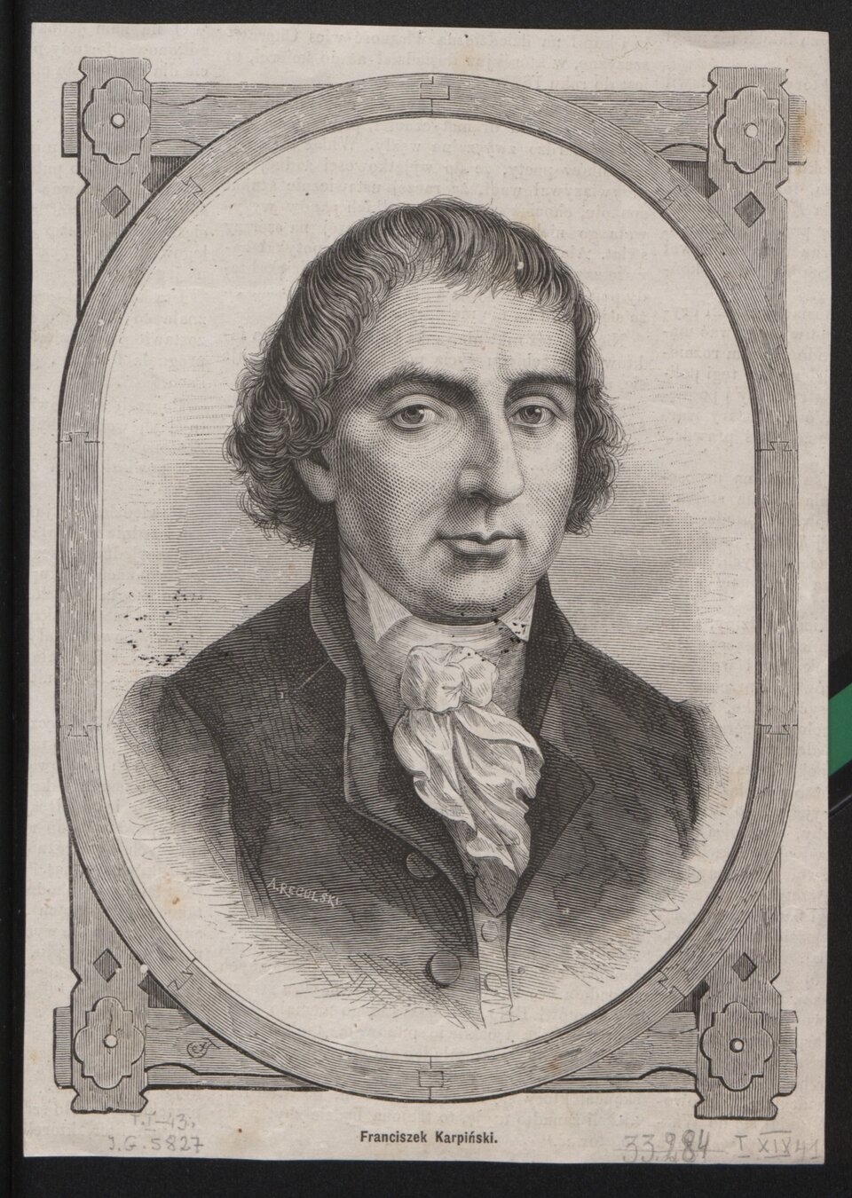 Portret mężczyzny w średnim wieku. Twarz poważna, z wydatnym nosem. Włosy, falowane, nieznacznie nachodzą na czoło. 