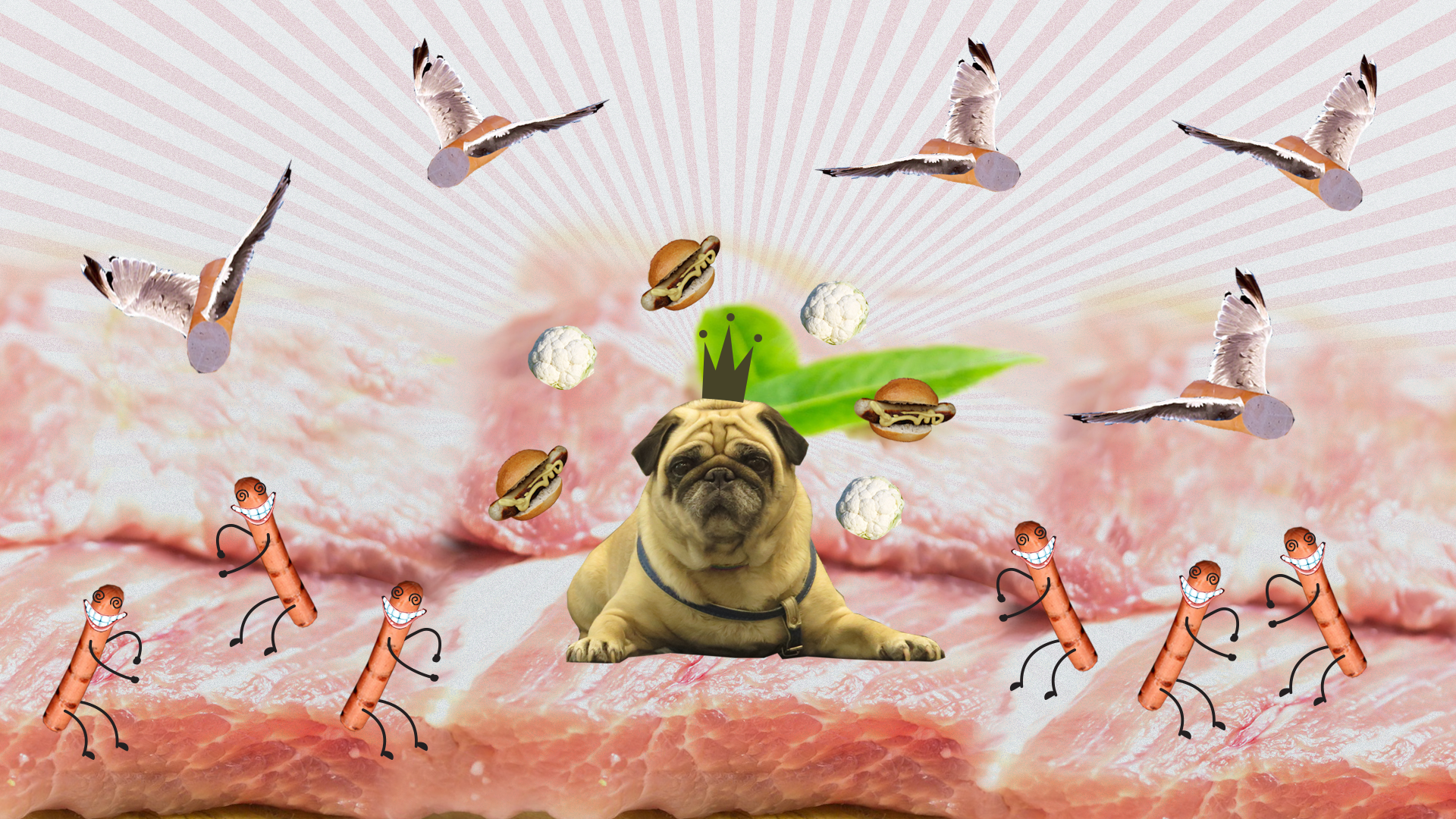 Kolorowa fotografia przedstawia psa rasy mops leżącego na wielkim kawałku surowego mięsa. Na głowie ma szarą koronę, na szyi obrożę. Obok skaczą uśmiechnięte parówki, które mają cienkie, czarne nogi i ręce. Nad głową psa znajdują się parówki, które mają skrzydła ptasie. Dookoła jego głowy unoszą się, na kształt aureoli hot dogi i kalafiory.