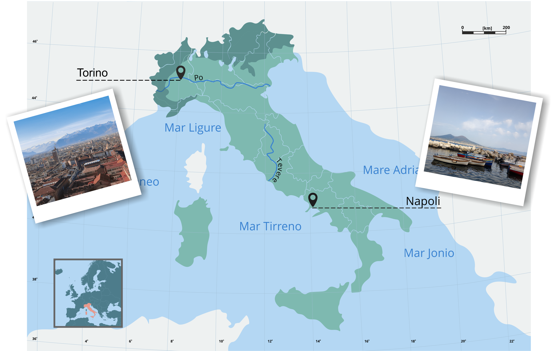 Grafika przedstawia mapę Włoch. Na mapie zaznaczone są dwa miasta Turyn i Neapol. Obok nazw znajdują się zdjęcia przedstawiające te miasta.