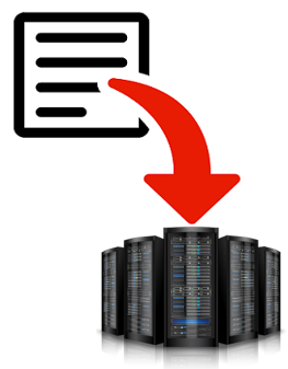 Ilustracja przedstawia ikonę dokumentu ze strzałką wskazującą na ikonę pięciu serwerów w kształcie szaf z przezroczystymi frontami.