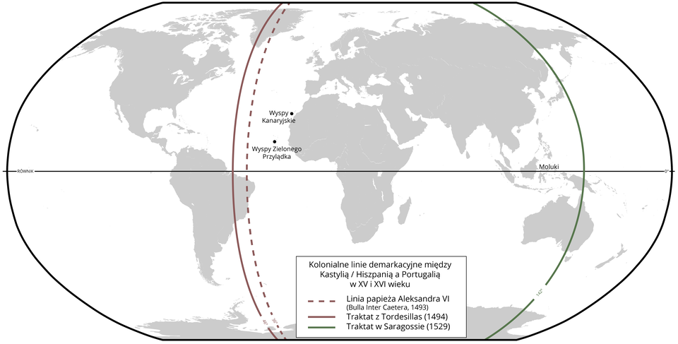Ilustracja przedstawia mapę świata, na której uwidoczniono kolonialne linie demarkacyjne między Kastylią/ Hiszpanią, a Portugalią w piętnastym i szesnastym wieku. Na mapie oznaczone zostały kontynenty oraz morza i oceany. Oznaczono również równik. Trzema liniami pionowymi oznaczono strefy wpływów politycznych: Linia papieża Aleksandra Szóstego oddzielała obszar na wschód od obu Ameryk aż do zachodnich granic Azji i Australii.  Na wschód od niej była linia ustalona w wyniku Traktatu w Saragossie w 1529 roku, a na zachód linia ustalona w wyniku Traktatu z Tordesillas w 1494 roku.