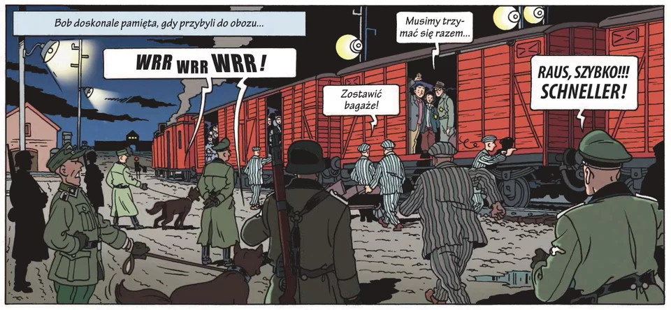 ilustracja: rampa kolejowa  w obozie Auschwitz, otwarte wagony towarowe, w drzwiach ludzie, głos w dymku "Musimy trzymać się razem", wokół wagonów więźniowie w pasiakach, jeden mówi : Zostawić bagaże". Działania więźniów nadzorują niemieccy strażnicy z psami, psy warczą, jeden strażnik pokrzykuje "Raus, Szybko , Schneller", napis nad ilustracją "Bob doskonale pamięta, gdy  przybył  do obozu...".