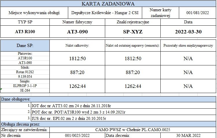 Na zdjęciu widoczna jest karta zadaniowa, która składa się z trzech tabel. W pierwszej tabeli, pierwszy wiersz zawiera jedynie nazwę dokumentu, natomiast w drugim wierszu znajduje się miejsce na wpisanie lokalizacji wykonania obsługi oraz numeru karty zadaniowej. W czwartym wierszu tej tabeli, znajdują się kolumny dla typu, numeru fabrycznego oraz znaków rejestracyjnych statku powietrznego, a ostatnia kolumna jest przeznaczona na datę.

Poniżej tej tabeli znajduje się druga tabela, gdzie pierwsza kolumna została podzielona na wiersze, zawierające dane dotyczące statków powietrznych. W kolejnych kolumnach znajduje się miejsce na wpisanie nalotu całkowitego, nalotu do ostatniej naprawy oraz pozostałego okresu między naprawami.

Trzecia tabela zawiera dane dotyczące obsługi, w tym numer zatwierdzenia zlecającego oraz datę zlecenia.