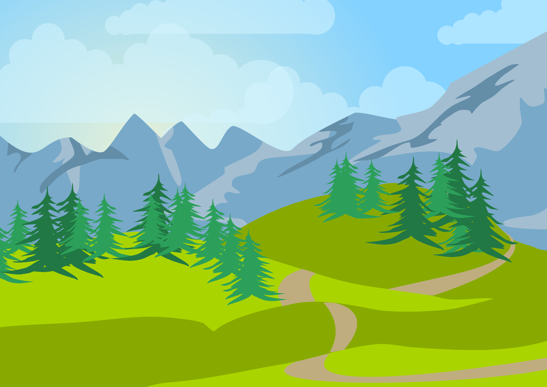 Ilustracja przedstawia grafikę, na której znajduje się krajobraz. W tle widoczne są góry, a przed nimi znajdują się pagórki porośnięte drzewami iglastymi. Przez pagórki prowadzi kręta droga. W tle widoczne jest niebieskie niebo z niewieloma chmurami.