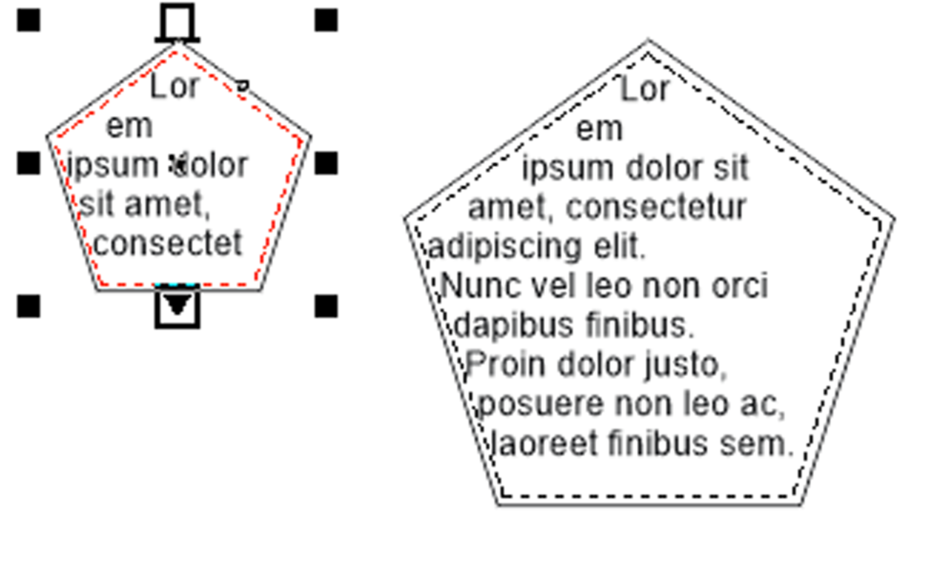 Ilustracja przedstawia dwa pięciokąty.  W pierwszej, mniejszej figurze znajduje się ucięty tekst przez brak miejsca. Tekst otoczony jest przerywaną, czerwoną linią. Po jego prawej znajduje się powiększona figura pięciokąta, która mieści cały tekst. Tekst jest obwiedziony czarną, przerywana linią.